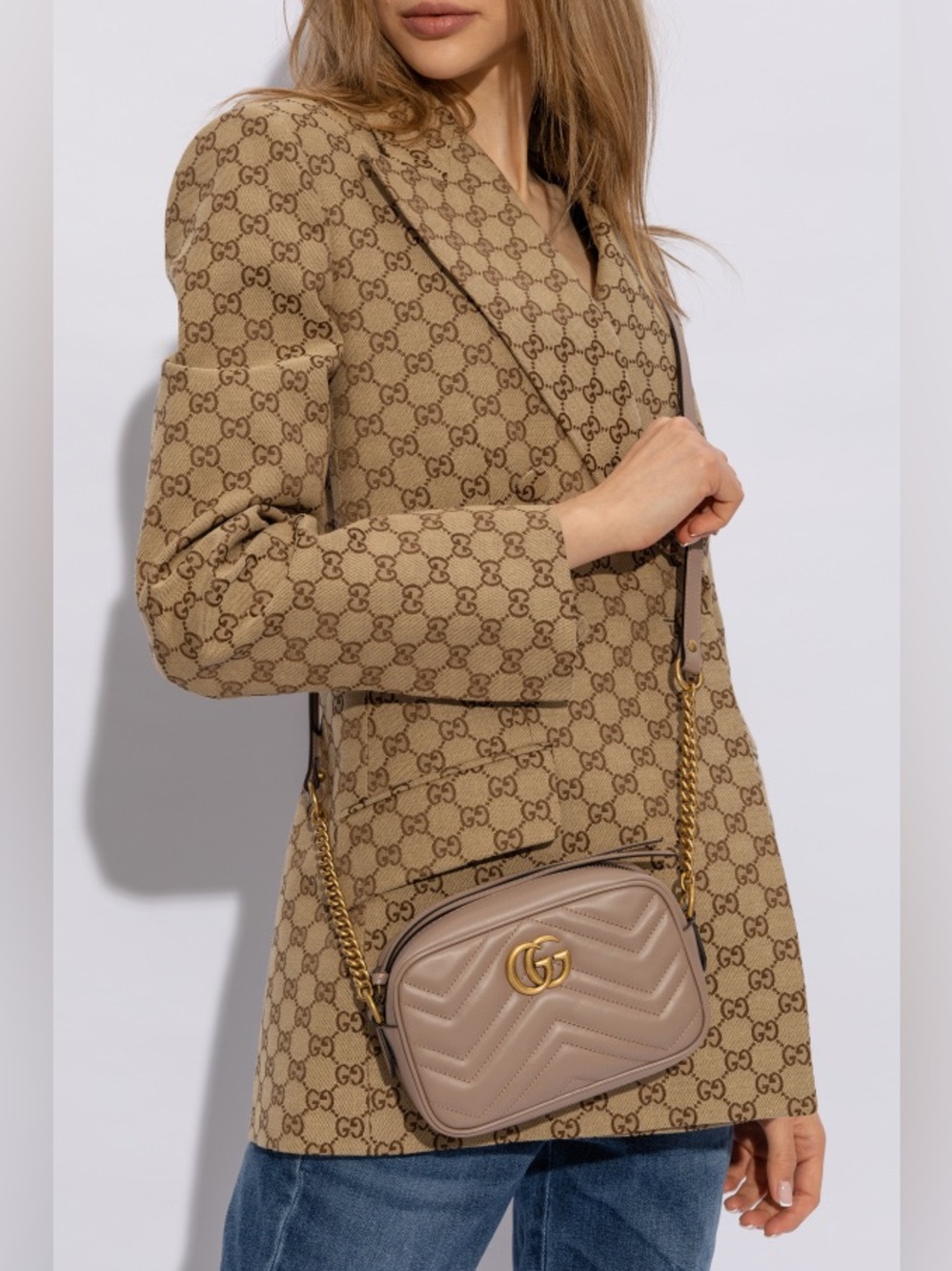 Gucci GG Marmont Mini Nude MatelassΓ© Chevron Leather Camera Crossbody Bag